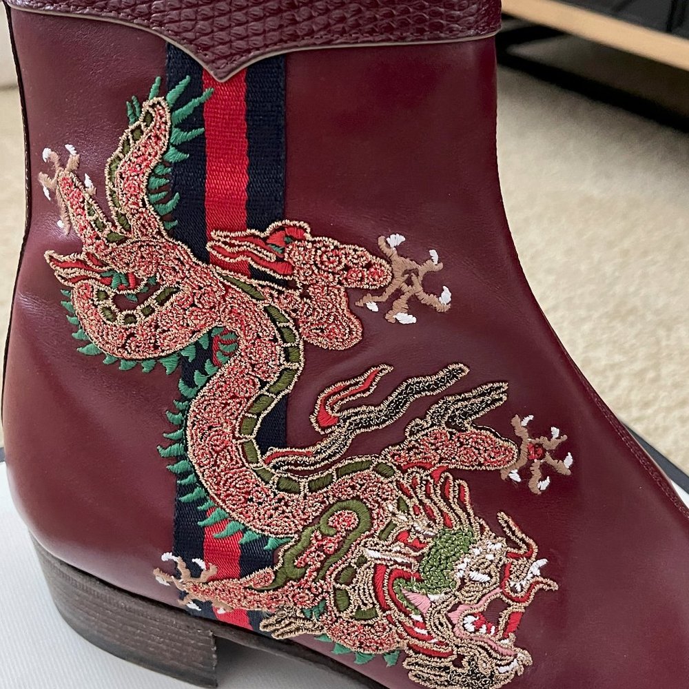Gucci Web Stripe Dragon Embroidered Leather Chelsea Boot